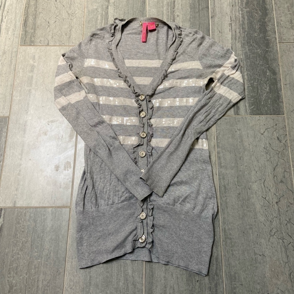 Charlotte Tarantola Striped Ruffle Sequin V Neck Button Cardigan Sweater Medium